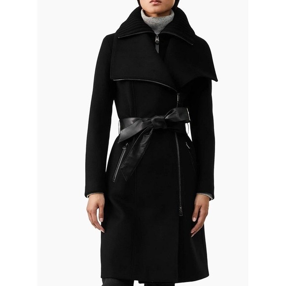 Mackage Nori 2-in-1 Black Wool Cashmere Double Collar Wrap Coat Leather Belt Zip - Picture 4 of 16